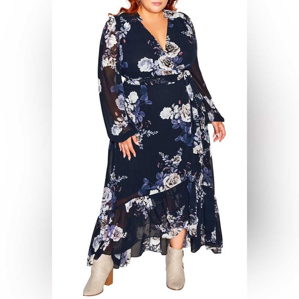 City Chic Arya Blue Floral Long Sleeve Faux Wrap Maxi Dress Size XL